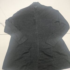 Eileen Fisher 100%Organic Linen Charcoal Ribbed Open Long Cardigan